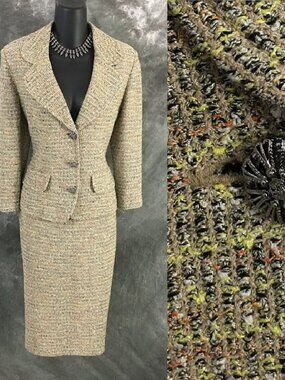 BEAUTIFUL st john collection knit beige orange multi jacket skirt suit size 10
